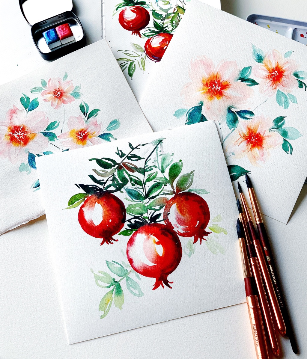 Watercolor pomegranates – video tutorial